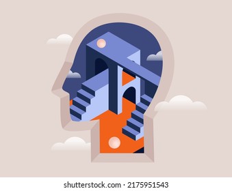 Philosophy, Psychology, Mental Health Concept. Surreal Head With Abstract Geometric Architectural Shapes. Metaphor For Open Mind, Creative Thinking, Dream. Isolated Vector Illustration