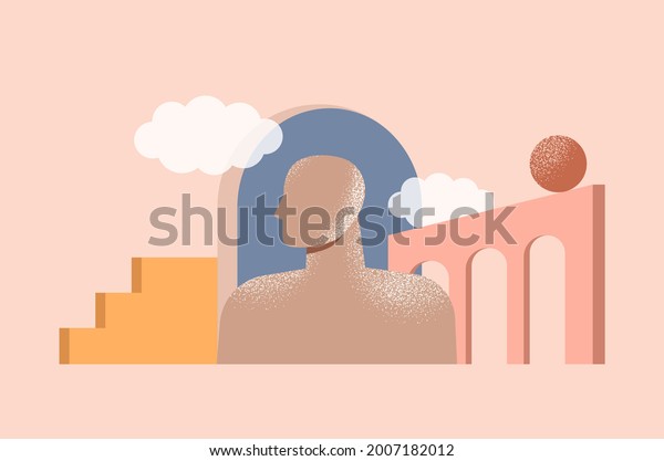 Philosophy, psychology, mental health concept.
Inner world of a person. Minimal abstract illustration with
geometric shapes and modern architecture. Human mind, brain,
thinking. Isolated
vector