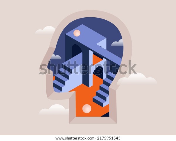 Philosophy,\
psychology, mental health concept. Surreal head with abstract\
geometric architectural shapes. Metaphor for open mind, creative\
thinking, dream. Isolated vector\
illustration
