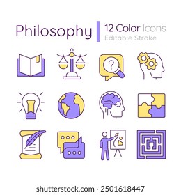 Philosophy RGB color icons set. School subject. Critical thinking. Human existence. Thought process. Isolated vector illustrations. Simple filled line drawings collection. Editable stroke