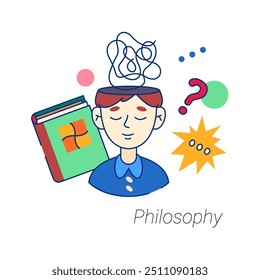 Philosophy school studies. Vector isolated flat cartoon character with brain mess and question. Psychological education, knowledge and proficiency in ancient understanding of existence and reason