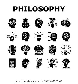 Philosophy Science Collection Icons Set Vector. Social Philosophy And Logic, Aesthetics And Ethics, Metaphilosophy And Epistemology Glyph Pictograms Black Illustrations