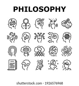 Philosophy Science Collection Icons Set Vector. Social Philosophy And Logic, Aesthetics And Ethics, Metaphilosophy And Epistemology Black Contour Illustrations