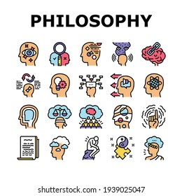 Philosophy Science Collection Icons Set Vector. Social Philosophy And Logic, Aesthetics And Ethics, Metaphilosophy And Epistemology Concept Linear Pictograms. Contour Color Illustrations