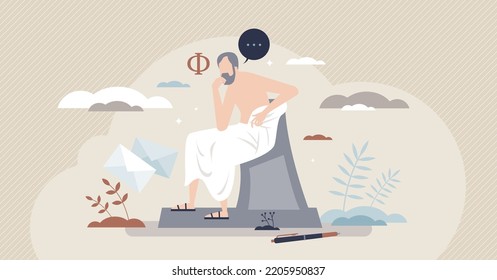 Philosophy as study about thinking and mind intelligence tiny person concept. Thought exploration with literature about ideology and ethics vector illustration. Civilization wisdom and greek culture.