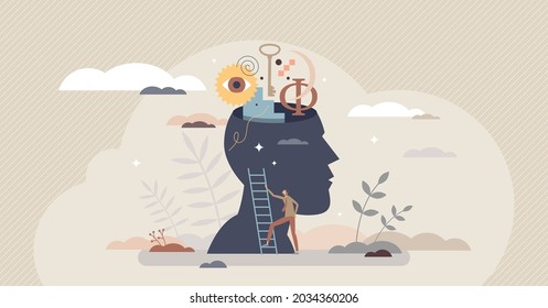 Philosophy study as learning about moral and ethics tiny person concept. Traditional historical ideology ideas research and education vector illustration. Knowledge and curiosity as explore open head.