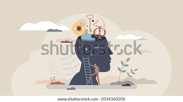 Philosophy study as learning about moral and ethics\
tiny person concept. Traditional historical ideology ideas research\
and education vector illustration. Knowledge and curiosity as\
explore open head.