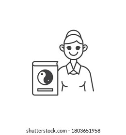 Philosophy teacher line icon. linear style sign for mobile concept and web design. Woman teacher with Yin Yang book outline vector icon. Symbol, logo illustration. Vector graphics
