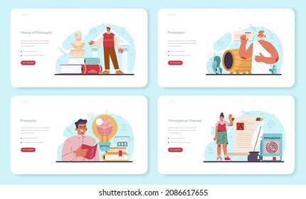 Philosophy web banner or landing page set. Ancient study of general and fundamental questions. Science studying conceptions and ideas about knowledge, ethics, culture. Flat vector illustration