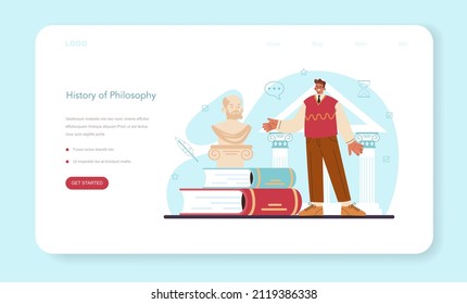 Philosophy web banner or landing page. Ancient study of general and fundamental questions. Science studying conceptions and ideas about knowledge, ethics, culture. Flat vector illustration
