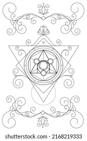 Philosopther Stone Sacred Geometry zentangle inspired design template with oriental tribal ornaments. New age coloring page.Line art meditation symbol with ornaments.