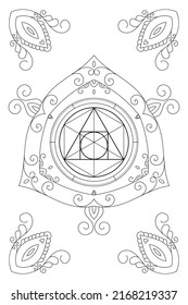 Philosopther Stone Sacred Geometry zentangle inspired design template with oriental tribal ornaments. New age coloring page.Line art meditation symbol with ornaments.