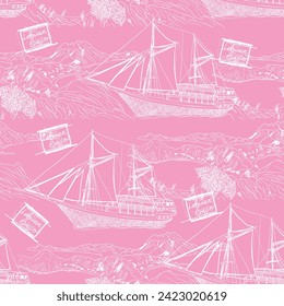 Phinisi boat on Labuan Bajo seamless pattern, background.