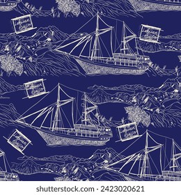 Phinisi boat on Labuan Bajo seamless pattern, background.