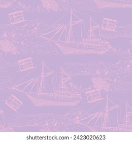 Phinisi boat on Labuan Bajo seamless pattern, background.