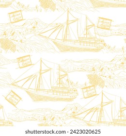 Phinisi boat on Labuan Bajo seamless pattern, background.