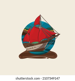 Phinisi Cartoon Logo Vector. Sammlung alter Schiffsvektoren. Segelboot Logo-Illustration. Nachmittags am Meer mit einem Phinisi-Schiff