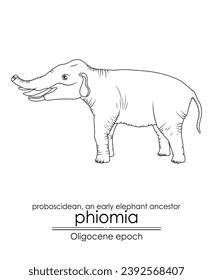 Phiomia, an early elephant ancestor from the Oligocene epoch, with nasal bones and a very short trunk. Black and white line art, perfect for coloring and educational purposes.