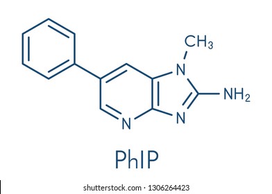 PhIP or 2-Amino-1-methyl-6-phenylimidazo(4,5-b)pyridine molecule. Heterocyclic amine present in cooked meat. Skeletal formula.