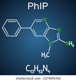 PhIP ( 2-amino-1-methyl-6-phenylimidazo(4,5-b)pyridine) molecule. Structural chemical formula and molecule model on the dark blue background. Vector illustration