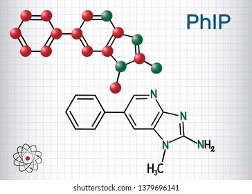 PhIP ( 2-amino-1-methyl-6-phenylimidazo(4,5-b)pyridine) molecule. Structural chemical formula and molecule model. Sheet of paper in a cage.Vector illustration