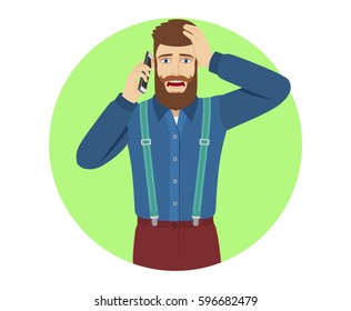 PHipster talking on the mobile phone and grabbed his head. ortrait of hipster in a flat style. Vector illustration.