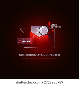 Notificación de alerta de phishing con icono de correo electrónico y símbolo de cráneo en fondo futurista oscuro. Concepto de seguridad cibernética para el remitente no verificado, el fraude de correo y el conocimiento de la protección de datos digitales