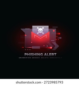 Notificación de alerta de phishing con icono de correo electrónico y símbolo de cráneo en fondo futurista oscuro. Concepto de seguridad cibernética para el remitente no verificado, el fraude de correo y el conocimiento de la protección de datos digitales