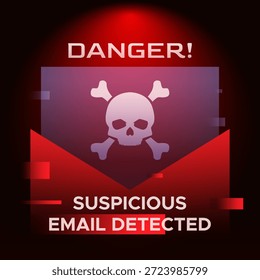 Notificación de alerta de phishing con icono de correo electrónico y símbolo de cráneo en fondo futurista oscuro. Concepto de seguridad cibernética para el remitente no verificado, el fraude de correo y el conocimiento de la protección de datos digitales