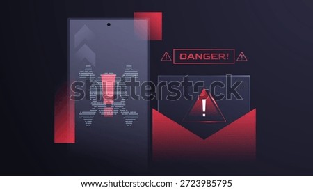 Phishing alert notification with email icon and skull symbol on dark futuristic background. Cyber security concept for unverified sender, mail fraud, and digital data protection awareness. email security warning