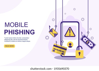 Phishing alert security mobile app, solution for personal data and finances secure from unauthorized access vector web banner. EPS