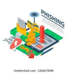 Phishing attack concept background. Isometric illustration of phishing attack vector concept background for web design