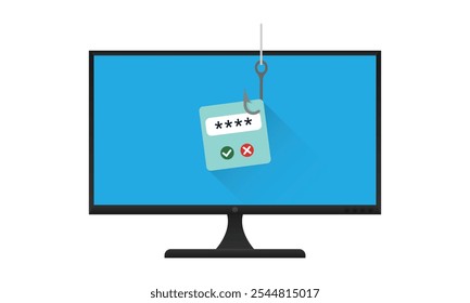 Ilustración de ataque de phishing. Un gancho que captura un campo de entrada de Contraseña mostrado en el monitor del PC