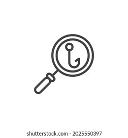 Phishing attack line icon. linear style sign for mobile concept and web design. Magnifying glass and fishing hook outline vector icon. Symbol, logo illustration. Vector graphics