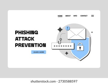 Zielseite zur Verhinderung von Phishing-Angriffen. Heldenabteilung mit Warnumschlag, Haken, Passwort, Schlossschild. Aufklärung über Cybersicherheit, Phishing-Angriffsprävention, Webdesign, Vektorgrafik