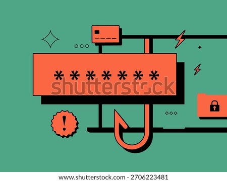 Phishing attack steals credentials. Phishing attack hooks password fields and credit cards with sneaky bait in bold flat duotone vector illustration for 2026 cybersecurity awareness illustration