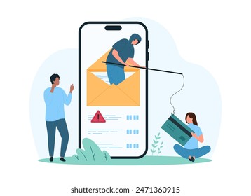 Phishing, awareness of fraud threat, theft of financial information. Tiny hacker thief from email holding fishing rod to hook credit card, warning message on phone screen cartoon vector illustration