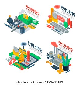 Phishing banner set. Isometric set of phishing vector banner for web design