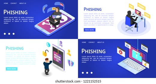 Phishing banner set. Isometric set of phishing vector banner for web design