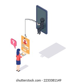 Phishing by email. hacker attacks a smartphone by message. fraud scam and steal private data on devices. vector illustration isometric flat design for cyber security awareness concept.