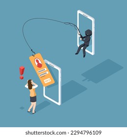Phishing by email. hacker attacks businesswomen on smartphones by website. fraud scam and steal private data on devices. vector illustration isometric flat design for cyber security awareness concept.
