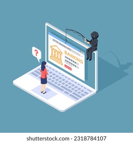 Phishing by email. hacker attacks a Laptop with a fake website. fraud scam and steal private data on devices. vector illustration isometric flat design for cyber security awareness concept.