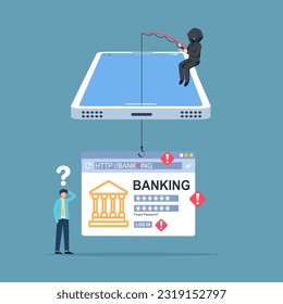 Phishing por correo electrónico. hacker ataca un smartphone por mensaje. fraude estafa y robo de datos privados en dispositivos. ilustración vectorial diseño plano isométrico para el concepto de conciencia de ciberseguridad.
