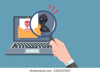 Phishing por correo electrónico. hacker ataca una laptop con un sitio web falso. fraude estafa y robo de datos privados en dispositivos. ilustración vectorial diseño plano para el concepto de conciencia de ciberseguridad.