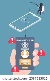 Phishing by email. hacker attacks a smartphone with a fake application. fraud scam and steal private data on devices. vector illustration isometric flat design for cyber security awareness concept.