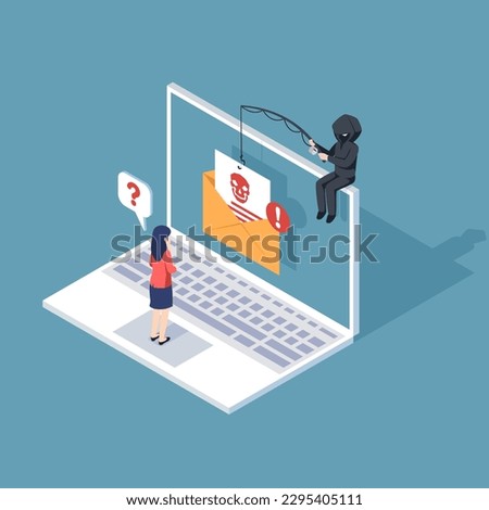 Phishing by email. hacker attacks a computer laptop by sending a message. fraud scam and steal private data on devices. vector illustration isometric flat design for cyber security awareness concept.