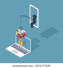 Phishing by email. Hackers sit on a smartphone as fraud scam and steal private data, money, and credit card on devices. vector illustration isometric flat design for cyber security awareness concept.