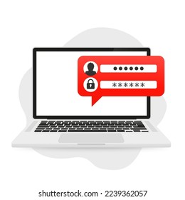 Suplantación de identidad (phishing) por hackers y ciberdelincuentes, robo de datos personales, usuario, contraseña, documento, e-mail en laptop. Ilustración del vector