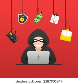 Phishing by hackers and cybercriminals, theft of personal data, user login, password, document, e-mail and credit card. Phishing and fraud, online fraud and theft. Cyber attack. Vector illustration