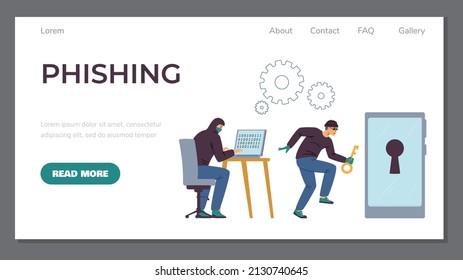 Phishing and computer fraud banner. Hacker criminal use laptop to cyber attack and get password information. Online data thief flat vector illustration.